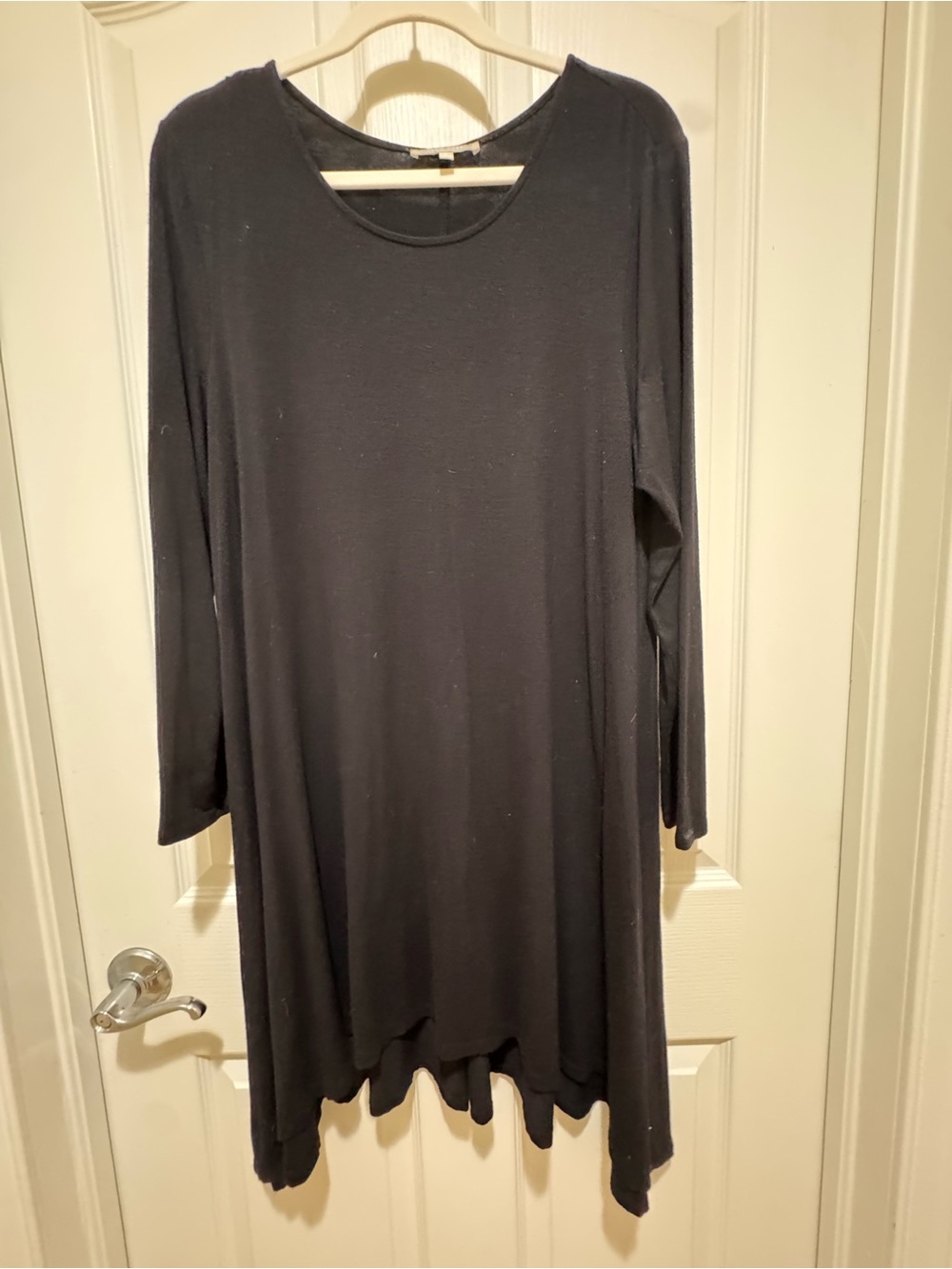 Joan Vass Black Swing Knit Dress | Long Sleeve | Asymmetrical Hem | Large